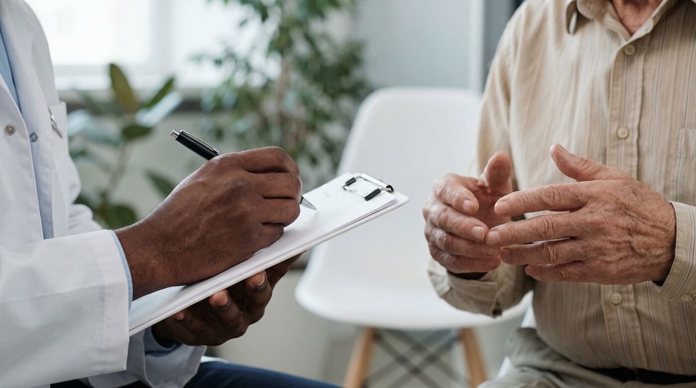 Arzt im Patientengespräch mit Klemmbrett – ungestörte Sprechstunde dank Telefonservice für die Praxis